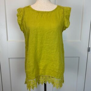 Terzo Millennio Green Linen Ruffle Sleeve Lace Trimmed Cotton Blouse